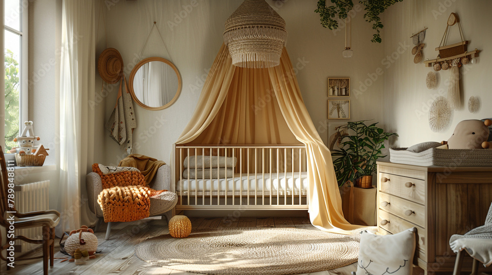 Wall mural hanging canopy above the crib, creating a cozy cocoon for sleep. - Wall murals