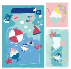 ラムネとペンギンとかき氷のイラスト素材集