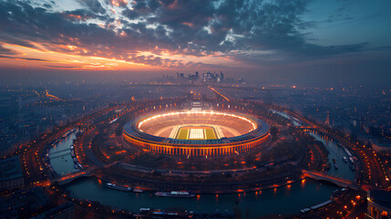 View of the huge outdoor stadium, sports complex on the background of the Eiffel Tower. The concept of the Olympic Games in Paris 2024