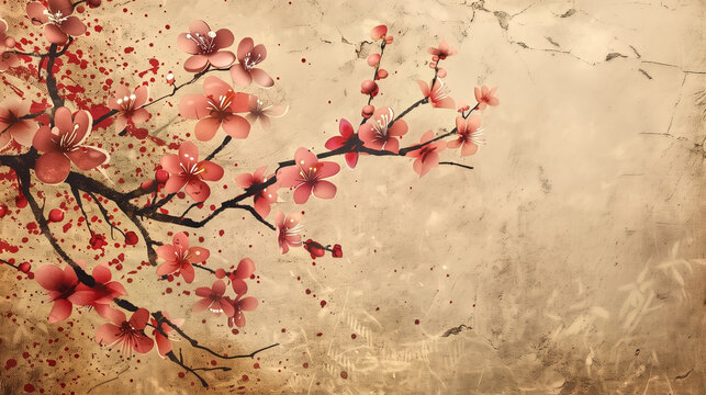 Vintage traditional Japanese painting,Cherry Blossom - Sakura .