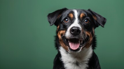 Studio headshot portrait of brown white and black medium mixed breed dog smiling against a green background