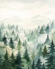 Forest  Foggy forest scene, muted greens, white canvas , cute style