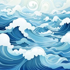 Fototapeta na wymiar Ocean Scene Gentle ocean waves in blues, white paper , cute style