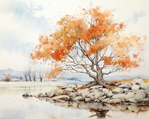 Tree  Solitary tree in autumn, soft oranges, white , Water color - obrazy, fototapety, plakaty