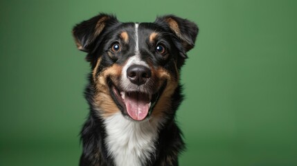 Fototapeta premium Studio headshot portrait of brown white and black medium mixed breed dog smiling against a green background