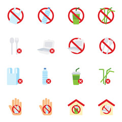 Set of no plastics sign. Save the earth and good environment concept. Flat color icons style.