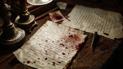 Fototapeta na wymiar A blood-stained letter with old-fashioned handwriting, lying on a wooden desk with a dim lamp