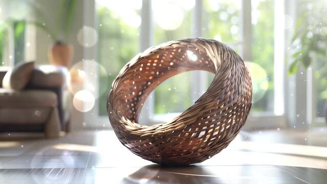 realistic render of a toroidal shape with wicker material. seamless looping overlay 4k virtual video animation background