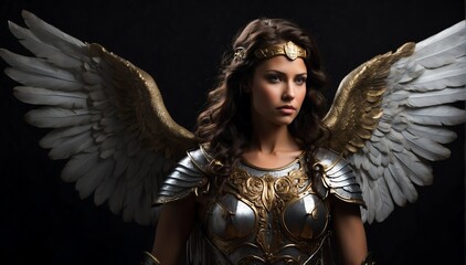 ancient female angel warrior portrait on plain black background from Generative AI