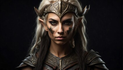 ancient female elf warrior portrait on plain black background from Generative AI - obrazy, fototapety, plakaty
