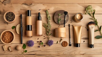 Cosmetic and skincare products arranged neatly on a wooden surface with brushes, plants, and natural ingredients for decoration.