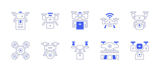 Drone icon set. Duotone style line stroke and bold. Vector illustration. Containing drone delivery, drone, camera drone.