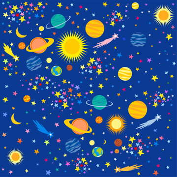 Starry space seamless pattern. Аstronomy science starlight background or night sky wallpaper vector pattern. Universe starry pattern with glowing stars and comets. Abstract vector background.