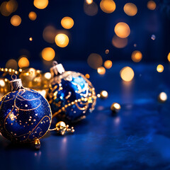 Festive ambiance adorned with glistening golden particles, twinkling lights, and a mesmerizing bokeh effect against a rich navy blue backdrop. The golden foil exudes a luxurious, sleek sheen