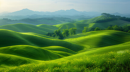 A panorama of the beautiful countryside. Wonderful spring and summer landscape, grassy fields and hills.