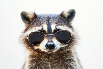 A raccoon sporting sleek sunglasses against a white backdrop, exuding a cool and confident vibe.