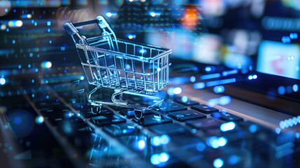 A blue and black image of a shopping cart on a laptop keyboard with a blue background. - obrazy, fototapety, plakaty