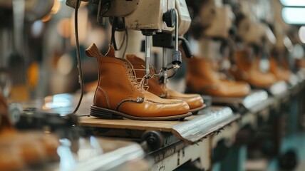 A close up of a pair of brown leather shoes being made in a factory.