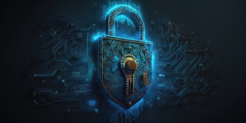 Cybersecurity blue background Artificial Intelligence lock and key - obrazy, fototapety, plakaty
