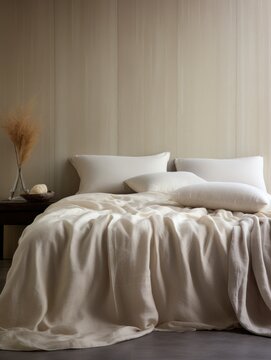 A cozy, inviting bed with neutral-colored linens and pillows.