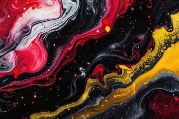 Texture in the style of fluid art. Abstract background with swirling paint effect. Liquid acrylic paint background. Black, yellow, white, lilac and red colors.
