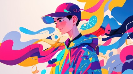 A 2d illustration of a cartoon guy sporting casual attire against a white backdrop with a vibrant and colorful design
