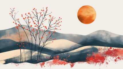Tree abstract illustrations of mountain landscapes, artistically minimalist with an emphasis on texture and layering. 