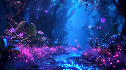 Colorful bioluminescence plants in forest, butterflies and flowers glowing path, fireflies, Pandora planet at night, blue and pink glow, epic landscape in background