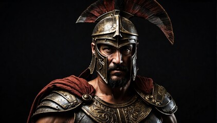 ancient spartan warrior portrait on plain black background from Generative AI