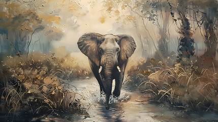 Oil painting wallpaper of elephants the symbol of power and power of greatness - obrazy, fototapety, plakaty