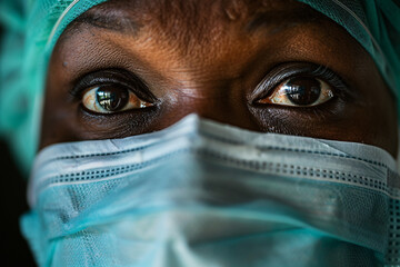Sad face of black nurse with surgical face mask