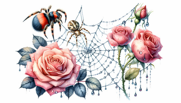 Watercolor Hand Drawing: Arachnid Artistry - A Spider Weaves Its Web Among Dew-Kissed Roses, a Masterpiece of Nature Design, in Close-Up Small Animal Double Exposure - Stock Construction Concept
