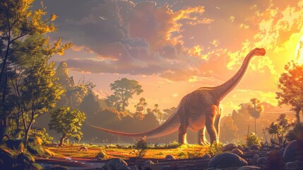 AI-generated majestic dinosaurs in a prehistoric landscape. Brontosaurus or diplodocus. Vivid colors and details bring these ancient creatures to life.