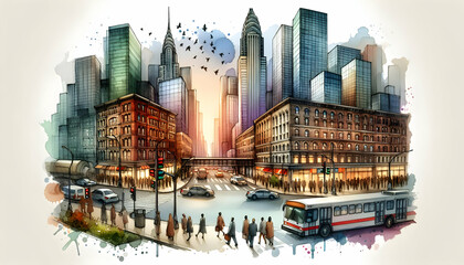 Vibrant Watercolor Illustration Fuses Metropolitan Skyline with Business Ethos in Powerful Visual Statement - Business Exposure Concept