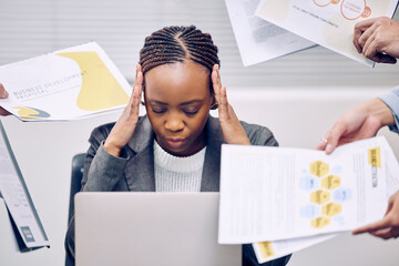 Black woman, headache and stress with documents in chaos, burnout or anxiety from workload at office. Frustrated African or female person with migraine in depression from pressure or business crisis - obrazy, fototapety, plakaty