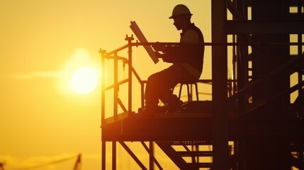 As the day breaks, a construction worker reviews blueprints on a high-rise site, planning the day's work with a backdrop of the rising sun. AIG41