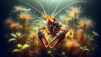Aquatic Antennae: A Vibrant Dance of Life Underwater with a Crayfish among Aquatic Plants - Close Up Double Exposure Photo - obrazy, fototapety, plakaty