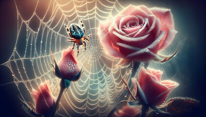 Arachnid Artistry: A Spider Weaving Its Web Among Dew-Kissed Roses, a Masterpiece of Nature's Design - Close-Up Small Animal Double Exposure Photo Stock Concept - obrazy, fototapety, plakaty