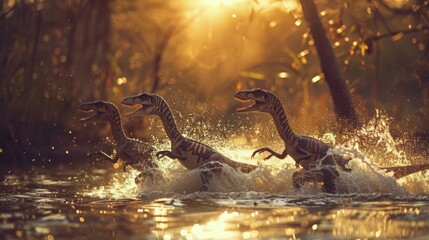 AI-generated majestic dinosaurs in a prehistoric landscape. Raptor. Vivid colors and intricate details bring these ancient creatures to life. The concept of time when dinosaurs ruled the Earth. - obrazy, fototapety, plakaty