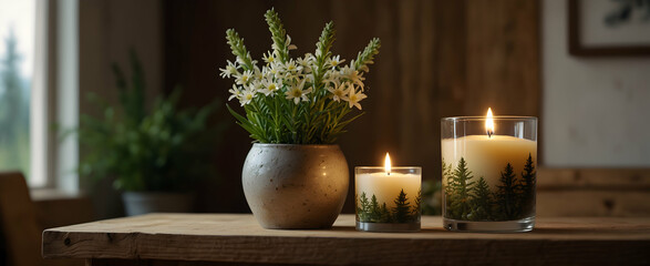Invigorating Alpine Ambiance: Swiss Style Living Room with Pine-Scented Candles and Edelweiss, Realistic Interior Design with Nature Photography