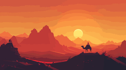 a man riding a camel across a desert under a sunset