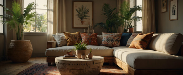 Bohemian Bliss: Eclectic Boho Chic Living Room with Potted Palm in Realistic Interior Design with Nature - Stock Photo Concept