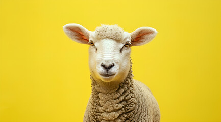 Portrait of lamb on yellow background  - obrazy, fototapety, plakaty