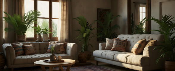 Bohemian Bliss: A Free-Spirited Boho Chic Living Room with Eclectic Patterns and Potted Palm in Realistic Interior Design