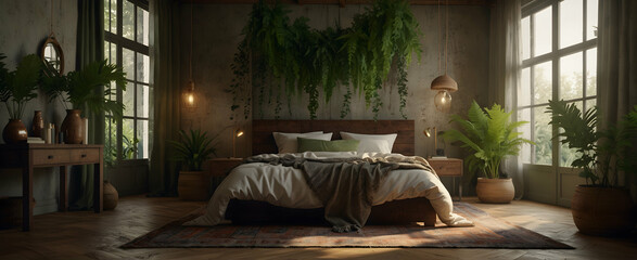 Nature-inspired Bohemian Bedroom with Eclectic Patterns and Hanging Fern for a Free-Spirited Atmosphere - Realistic Interior Design Concept