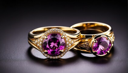 pair of gold rings with purple gemston plain black background from Generative AI