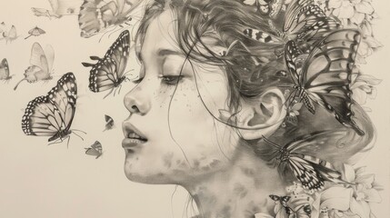 A drawing of a woman surrounded by butterflies