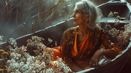 A woman sitting in a boat surrounded by flowers