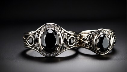 pair of silver rings with black gemston plain black background from Generative AI