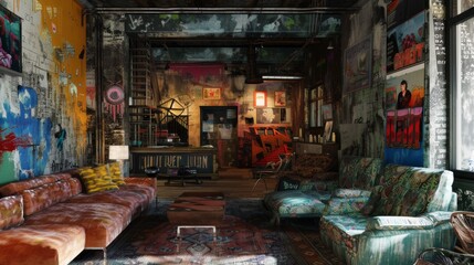 A living room filled with furniture and a painting on the wall